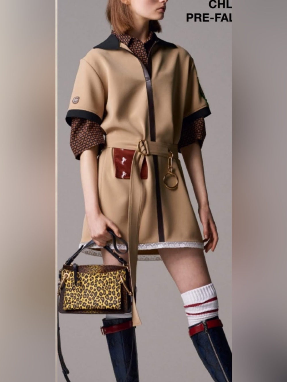 Chloe Runway Polo Dress Patch-Work Short Sleeve Belted Beige Tan US 2-4